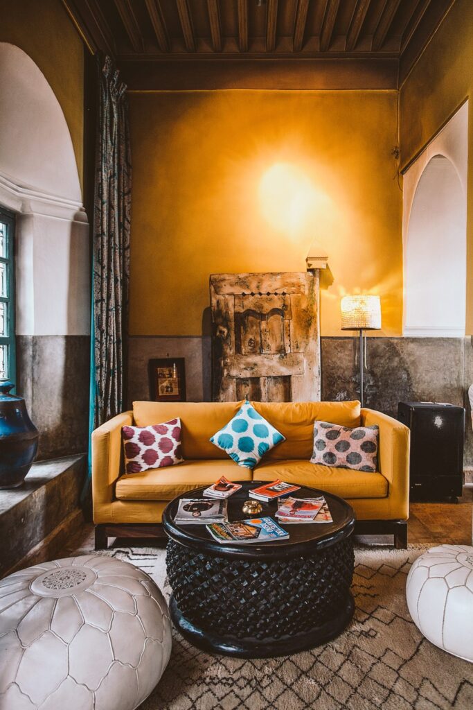 Vintage living room with restored wood cabinet and warm lighting